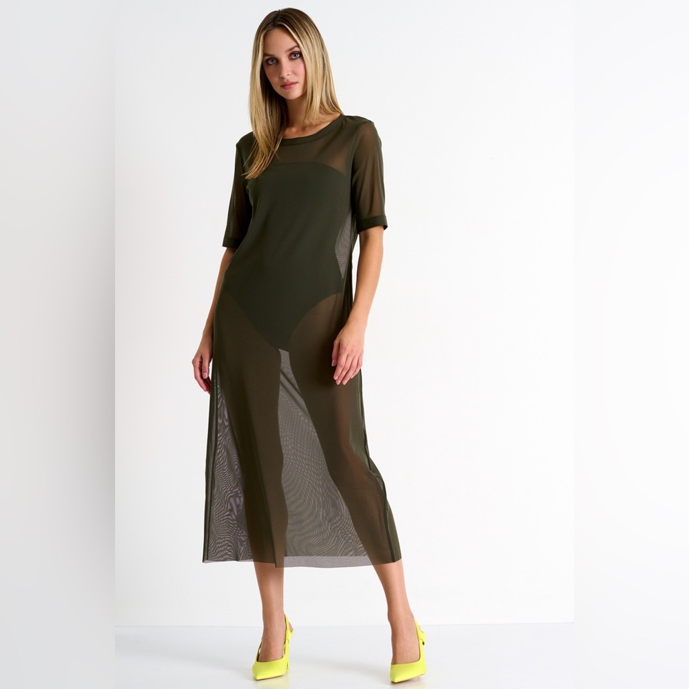 SHAN Khaki Sheer Mesh Midi Dress Sz 8 | Designer Layering Maxi Minimalist